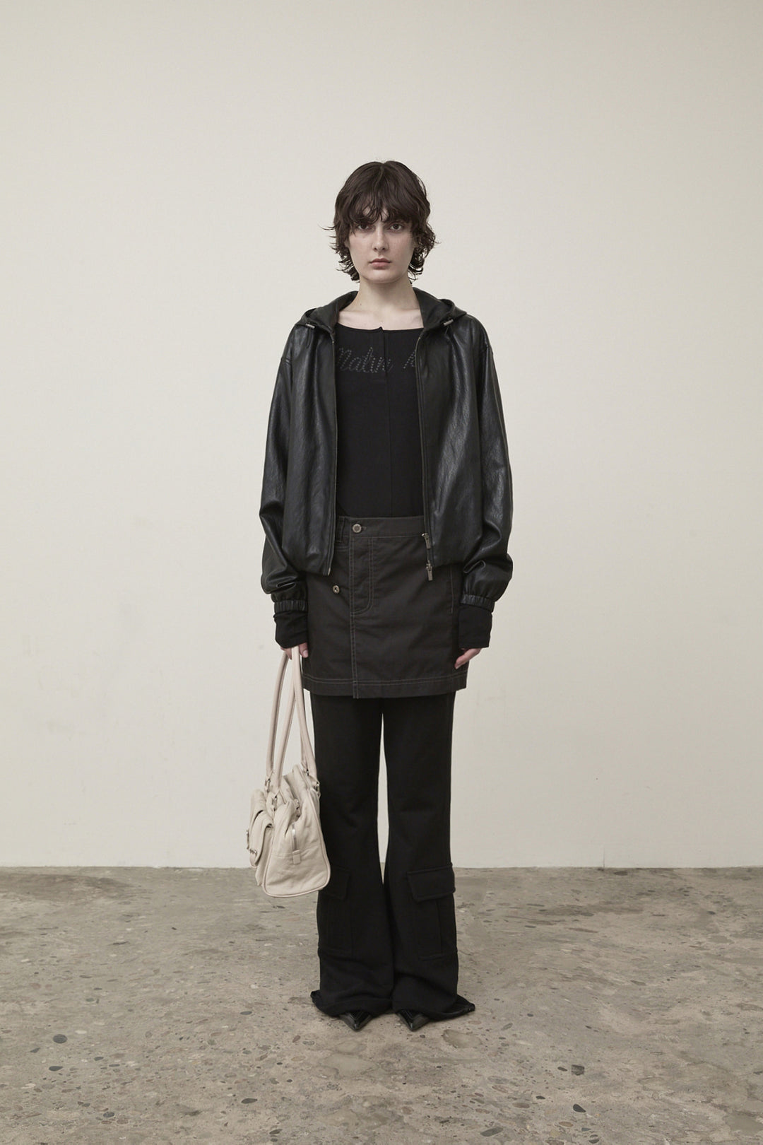 Matin Kim Faux Leather Hoody Crop Jumper — Black