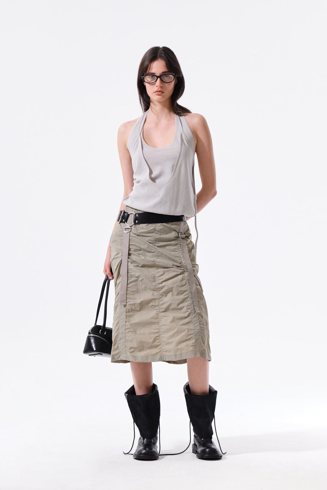 Matin Kim Layered Tie Halter Neck Knit Top — Light Grey