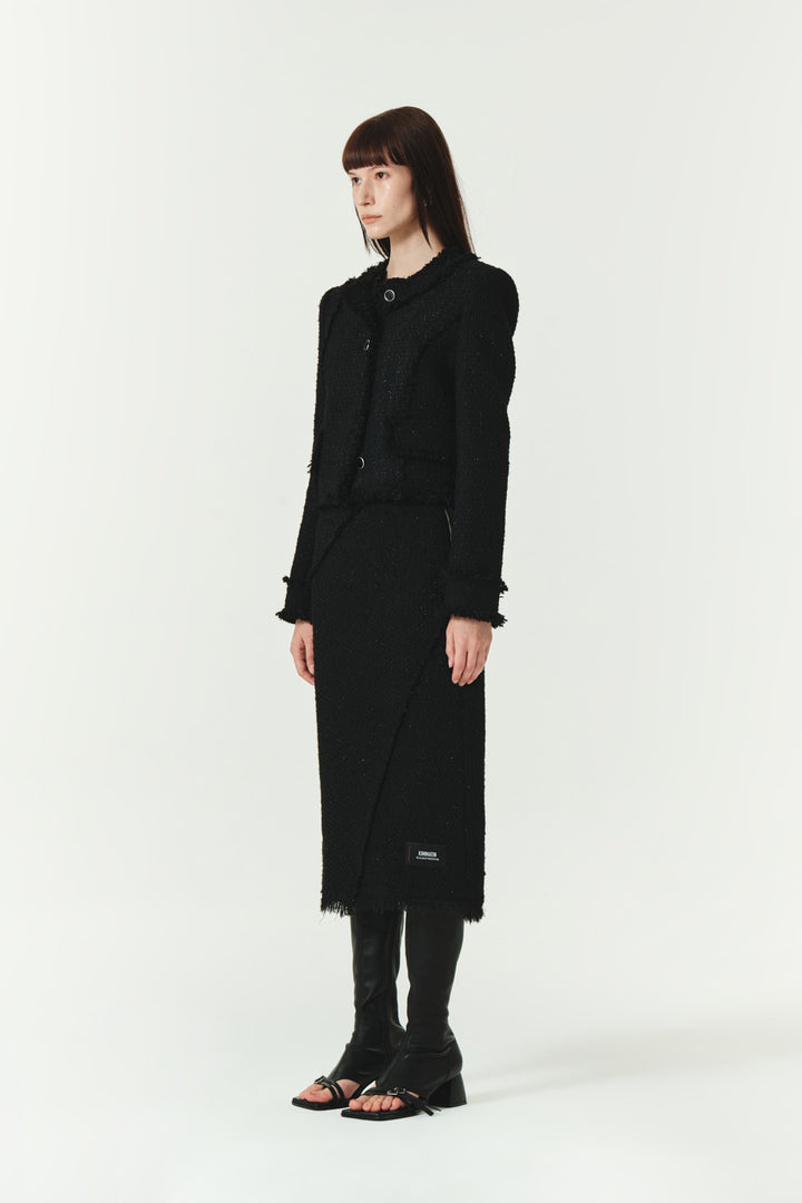 KIMMATIN Unbalance Tweed Crop Jacket — Black