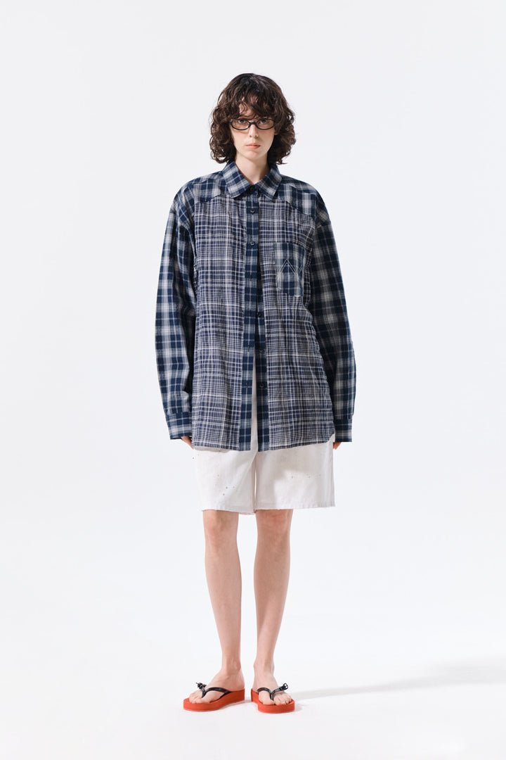 Matin Kim Mixed Check Overfit Shirt — Navy blue