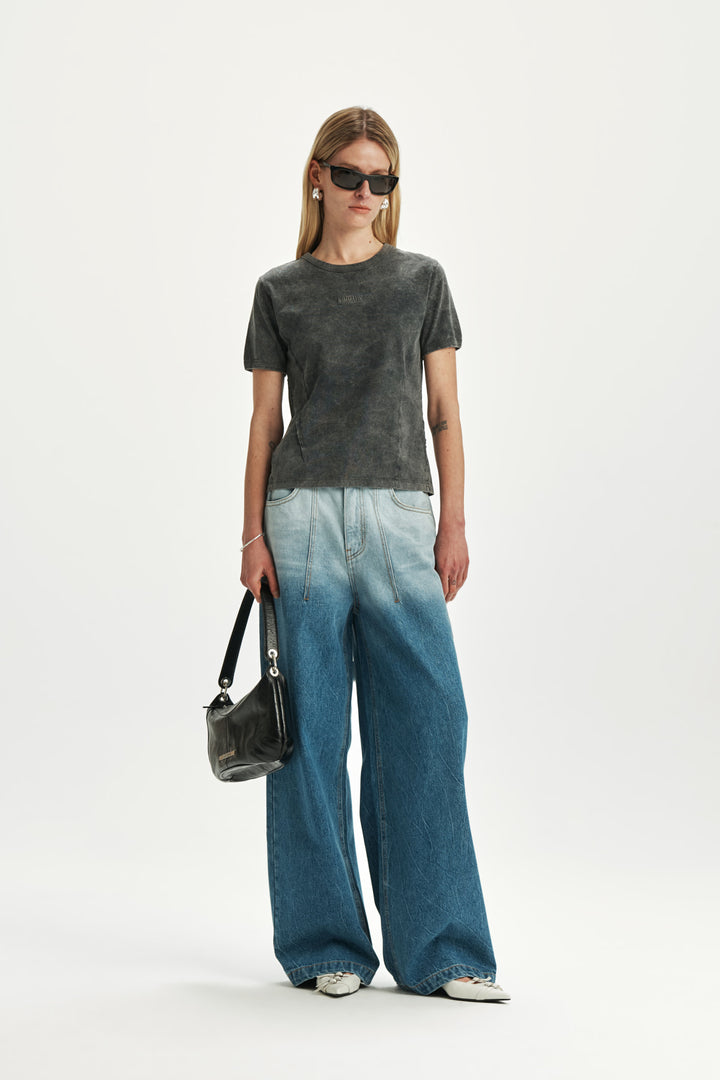 KIMMATIN Pintuck Wide Denim Pants — Light Blue