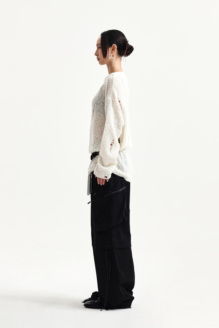Matin Kim Asymmetric Damaged Knit Pullover — Ivory