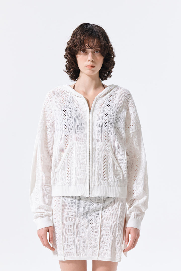 Matin Kim Mesh Logo Knit Zip Hoody — White