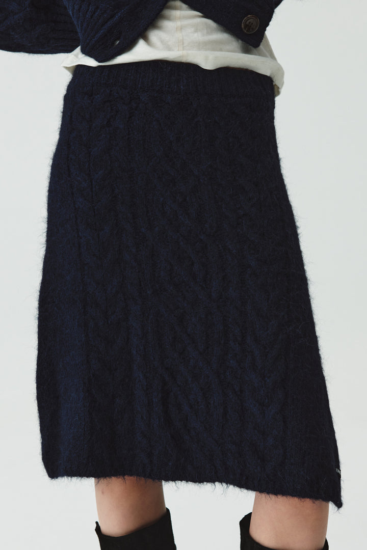 KIMMATIN Wide Cable Midi Knit Skirt — Navy blue