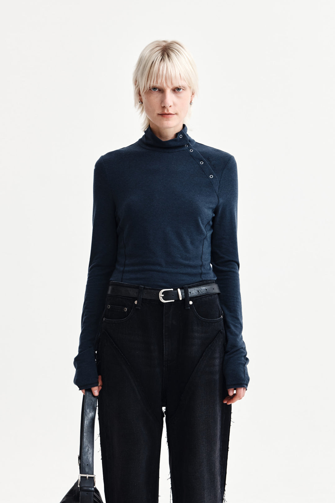 Matin Kim Button Slit Half Neck Top — Navy blue