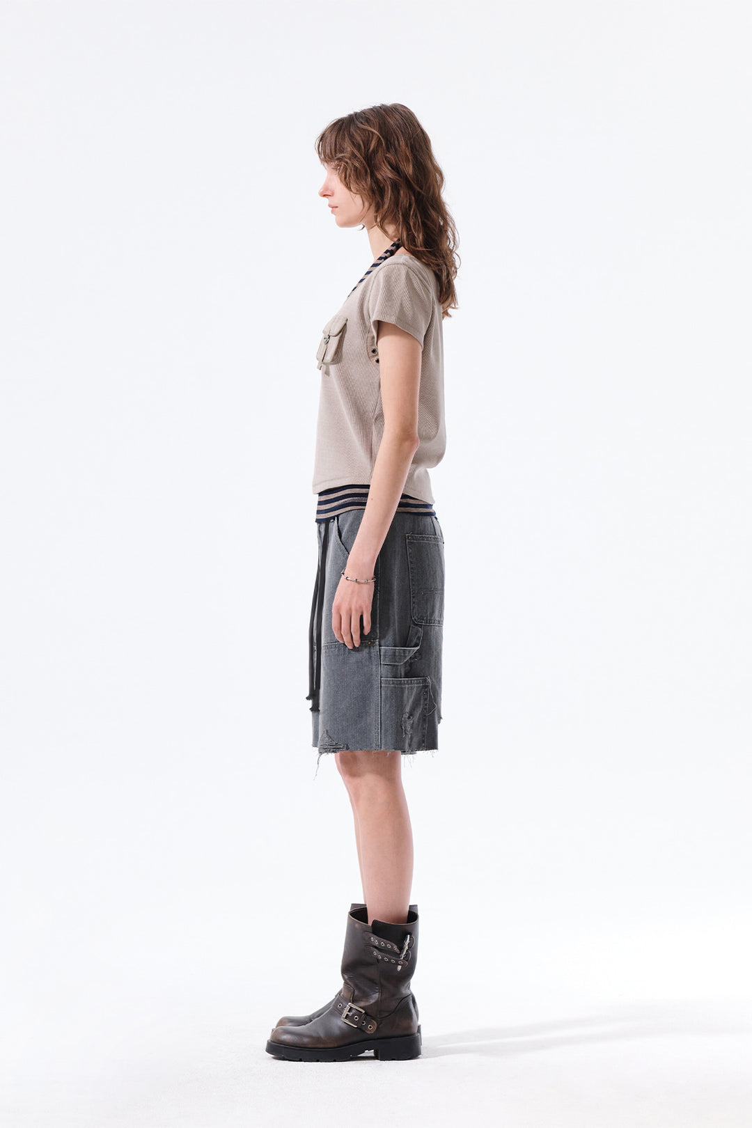 Matin Kim Herringbone Raw Cut Denim Shorts — Gray