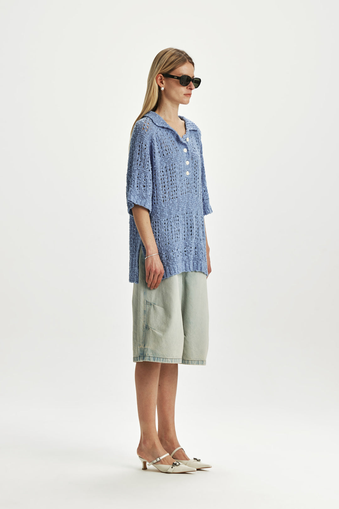 KIMMATIN Punching Knit Collar Top — Light Blue