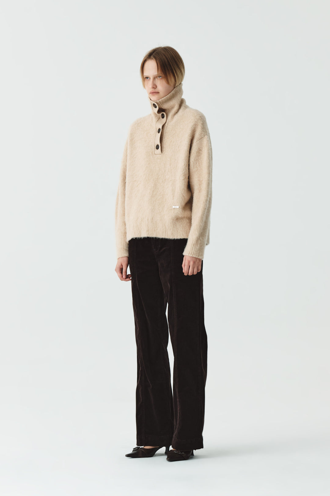 KIMMATIN Button High Neck Alpaca Blend Sweater — Beige