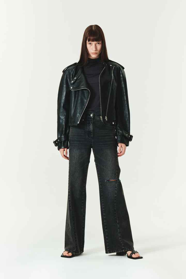 KIMMATIN Raglan Crop Leather Jumper — Black