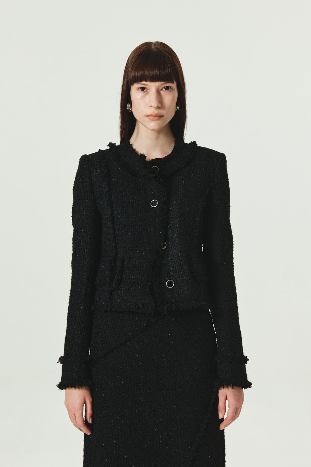 KIMMATIN Unbalance Tweed Crop Jacket — Black