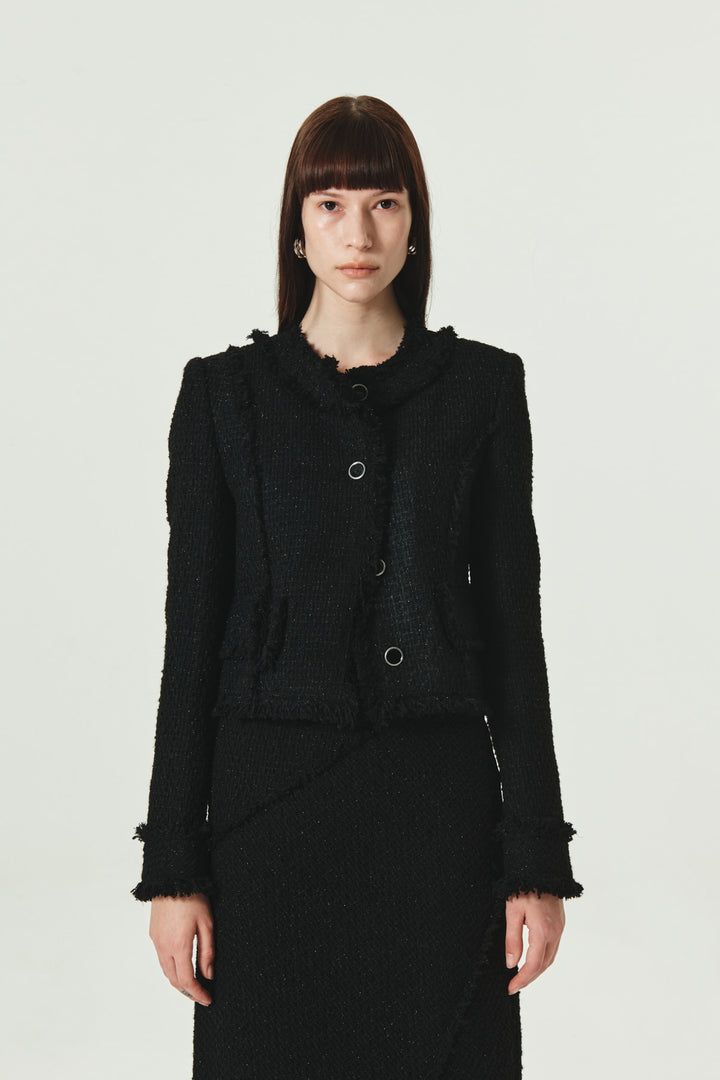 KIMMATIN Unbalance Tweed Crop Jacket — Black