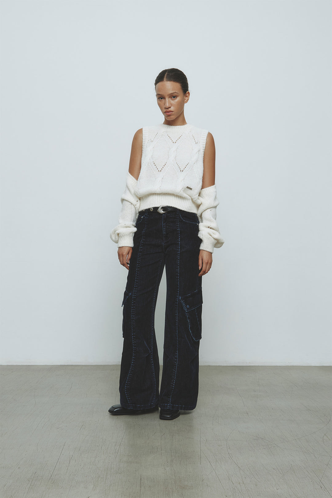 KIMMATIN Bolero Layered Cable Knit Pullover — Ivory