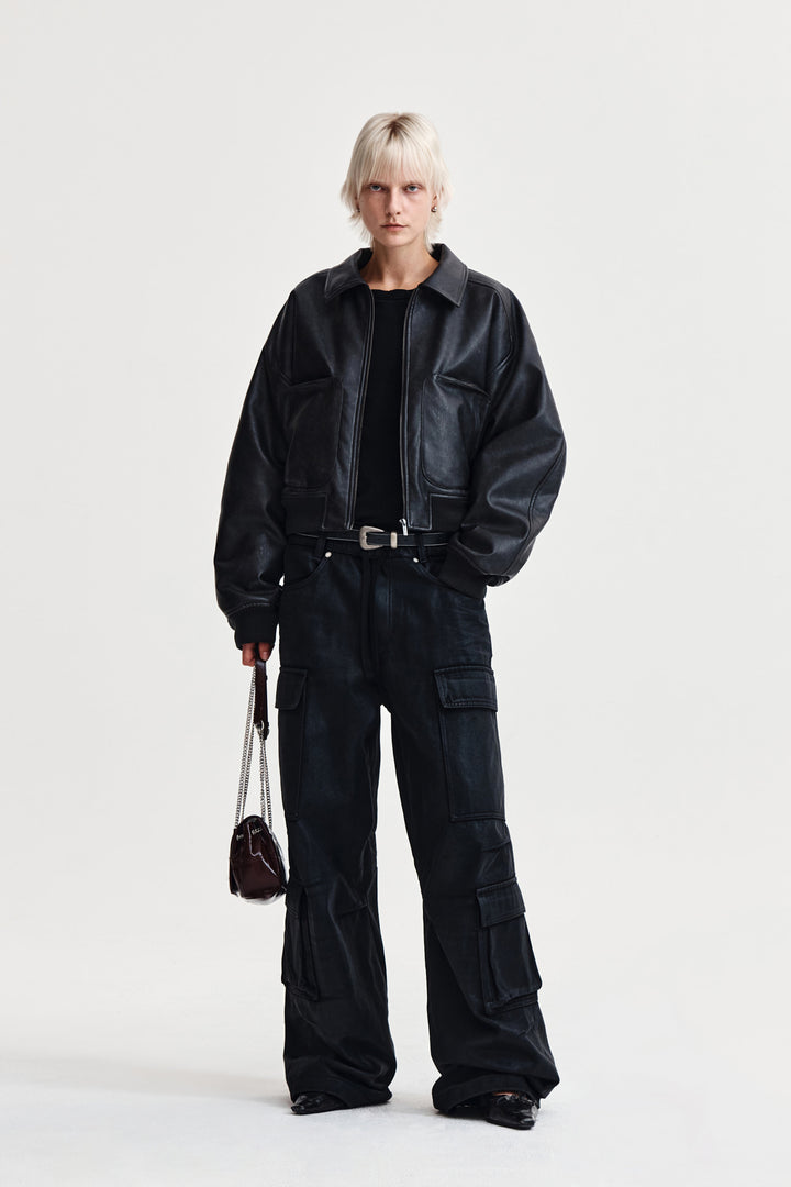 Matin Kim Faux Leather Overshirt — Charcoal