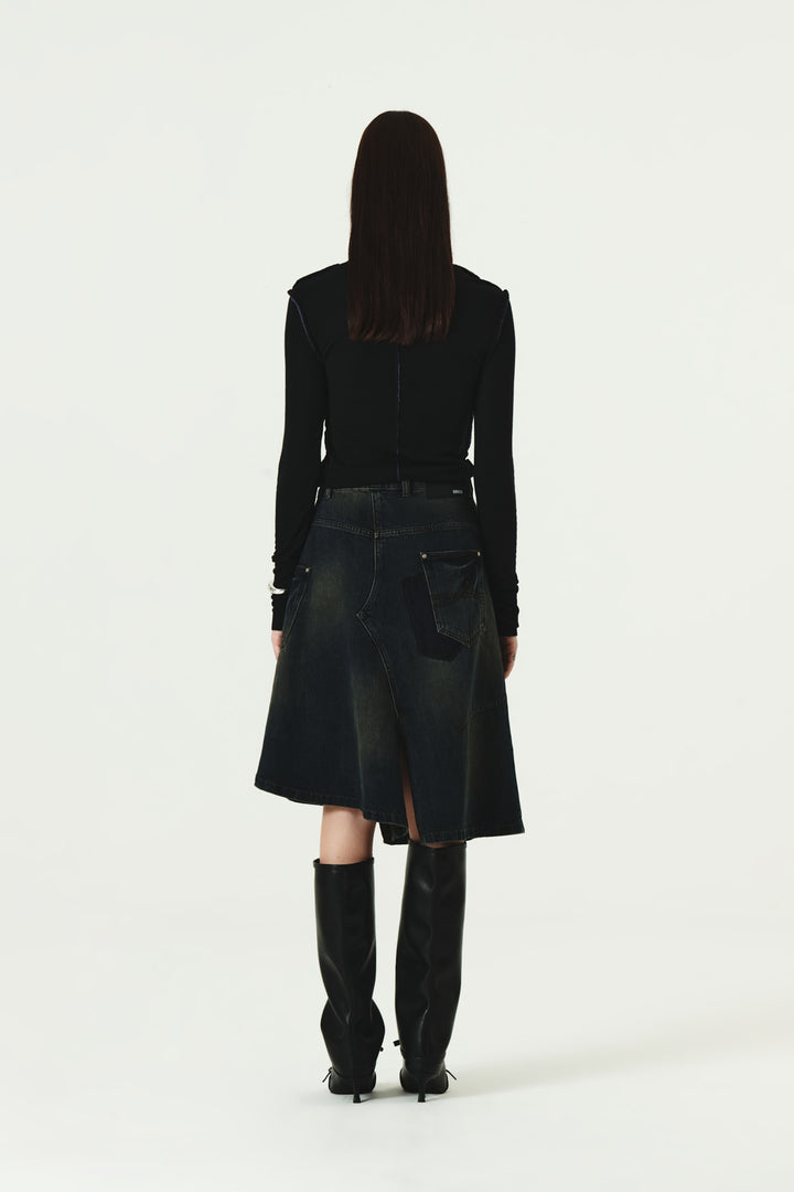 KIMMATIN Cut Line Point Turtle Neck Slim Top — Black