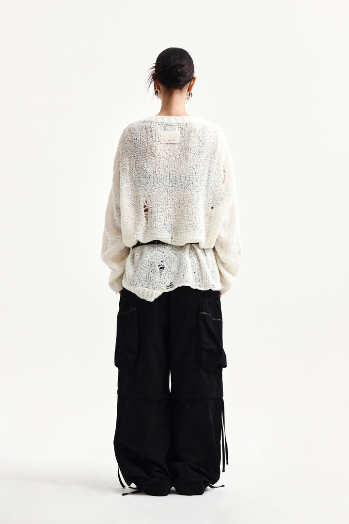 Matin Kim Asymmetric Damaged Knit Pullover — Ivory
