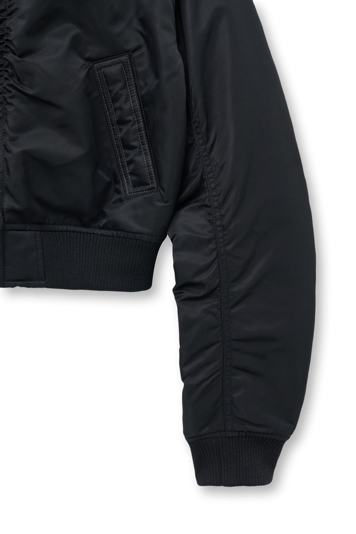 Matin Kim Appliqué Logo Shirring Bomber Jacket — Black