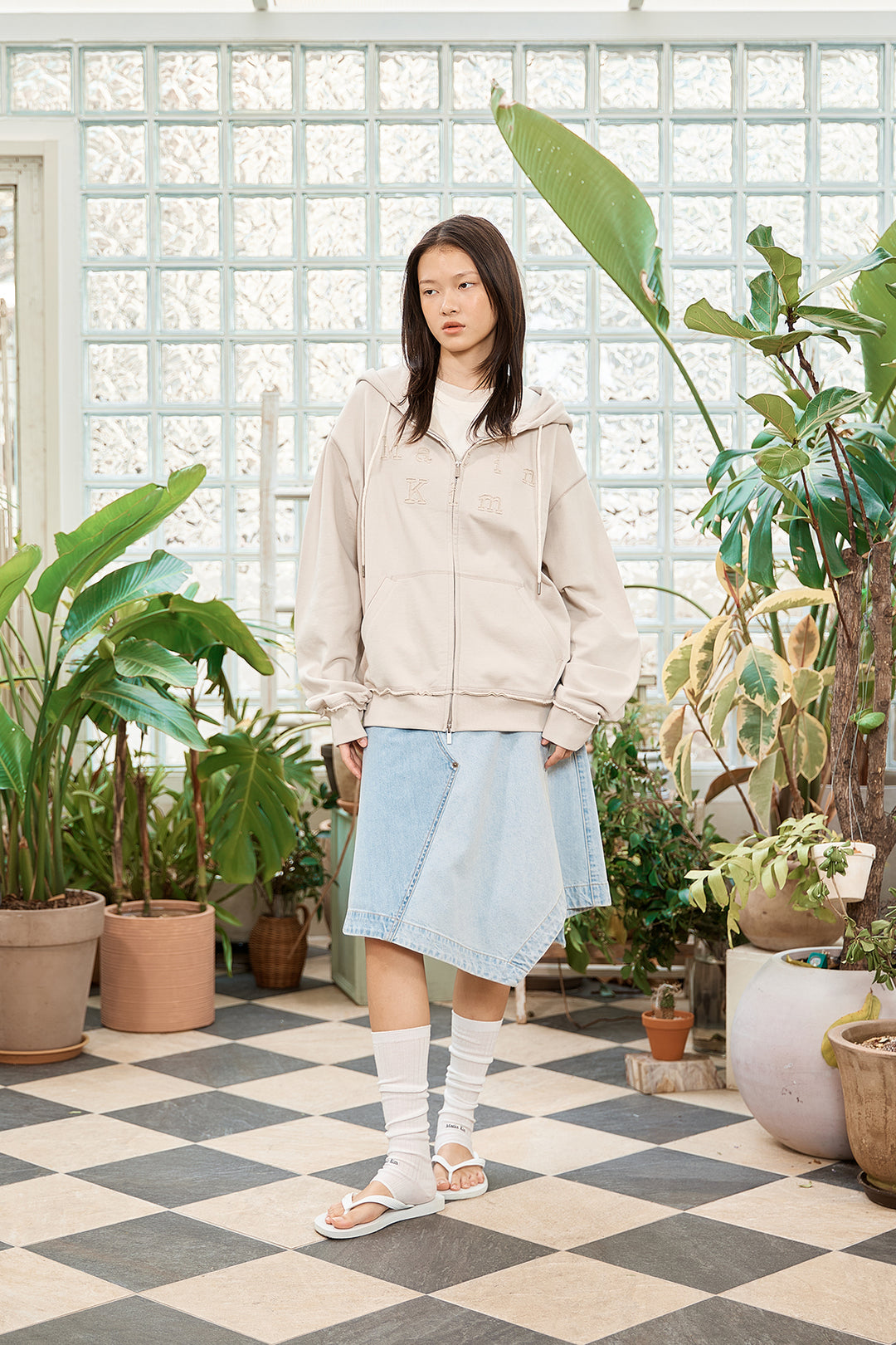 Matin Kim Appliqué Cutout Logo Zip Hoodie — Beige