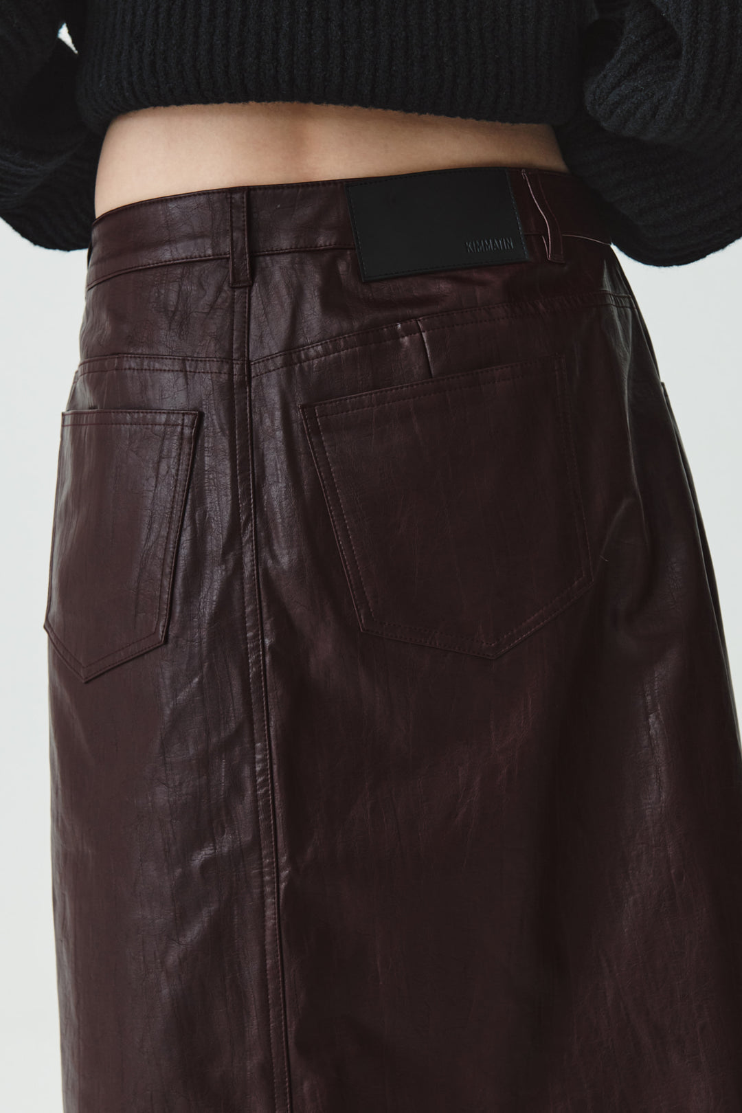 KIMMATIN Faux Leather Midi Wrap Skirt — Burgundy