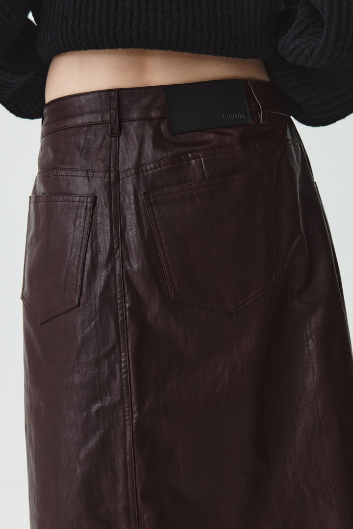 KIMMATIN Faux Leather Midi Wrap Skirt — Burgundy