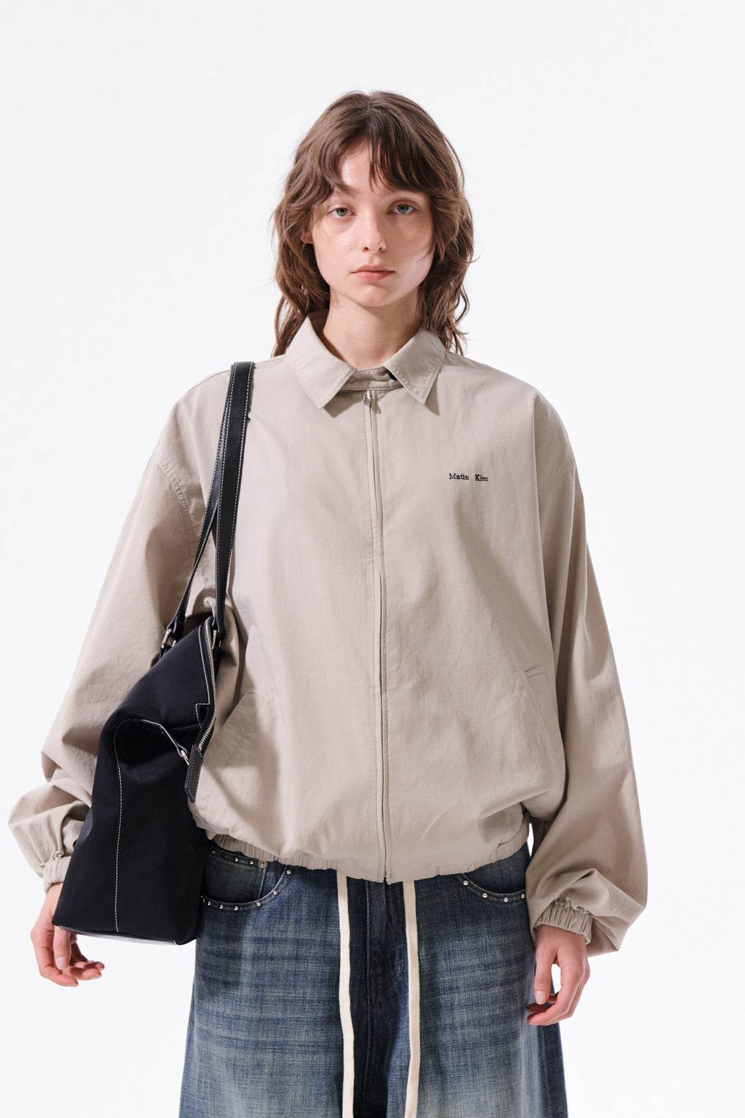 Matin Kim Small Logo Cotton Zip-Up Jumper — Beige