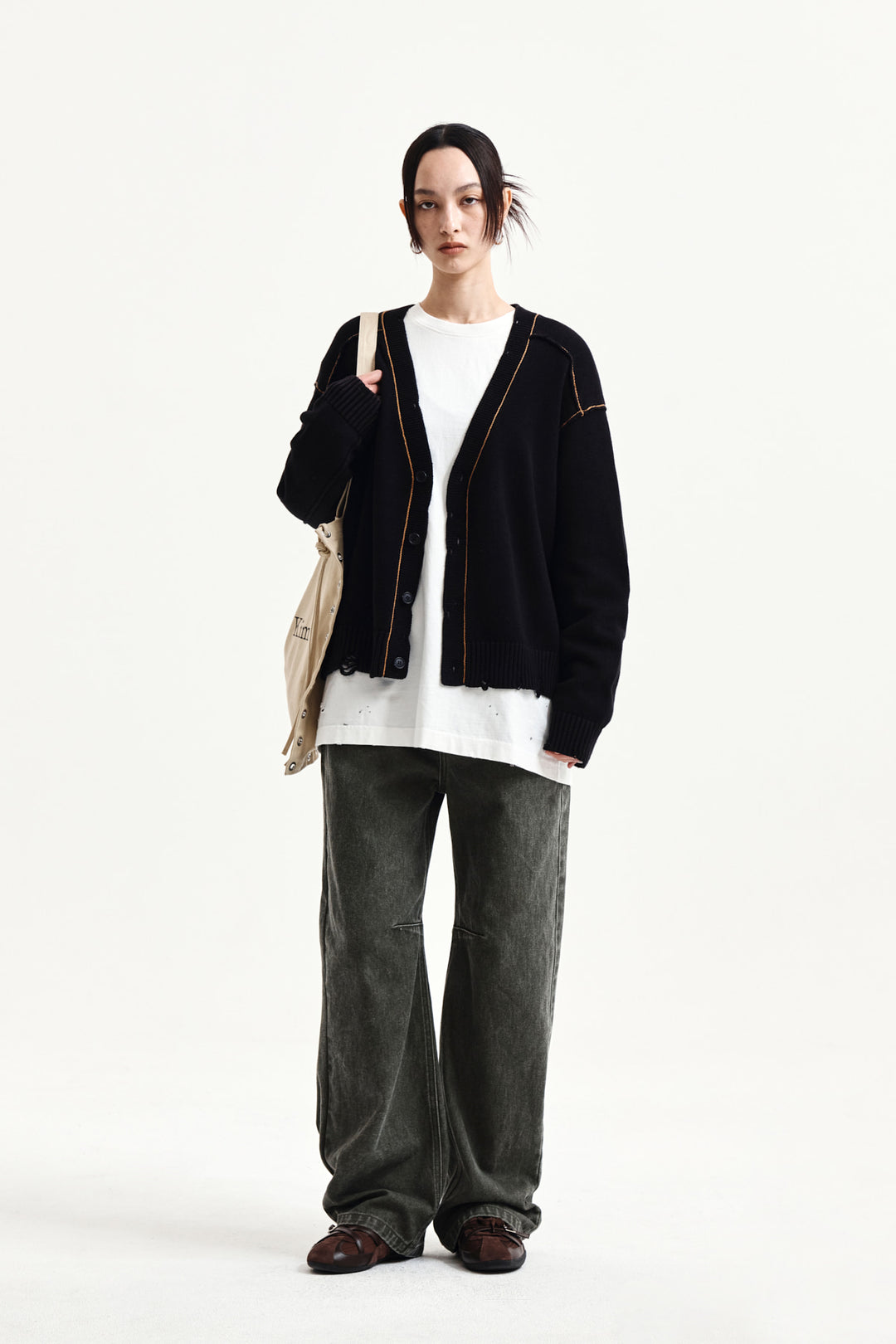 Matin Kim Back Logo Line Point Knit Cardigan — Black