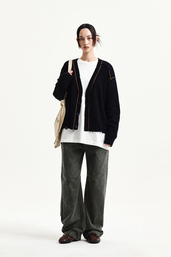 Matin Kim Back Logo Line Point Knit Cardigan — Black