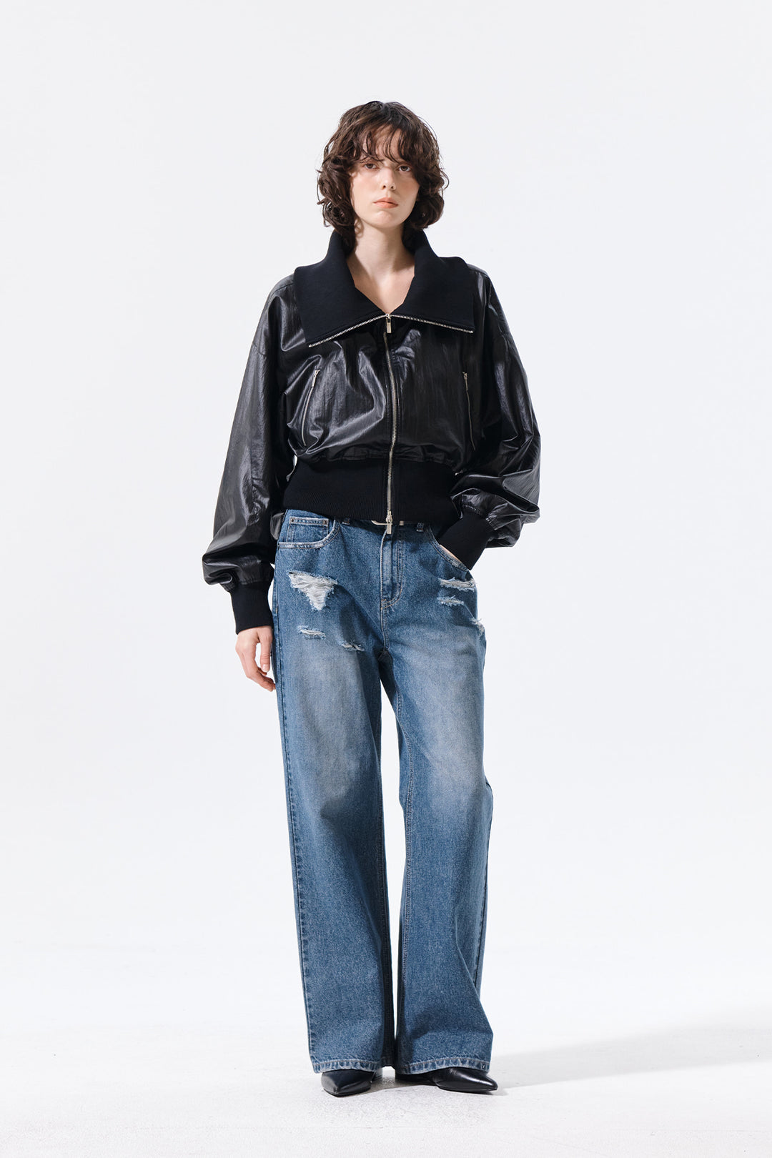 Matin Kim Shine Crinkle Zip Blouson — Black