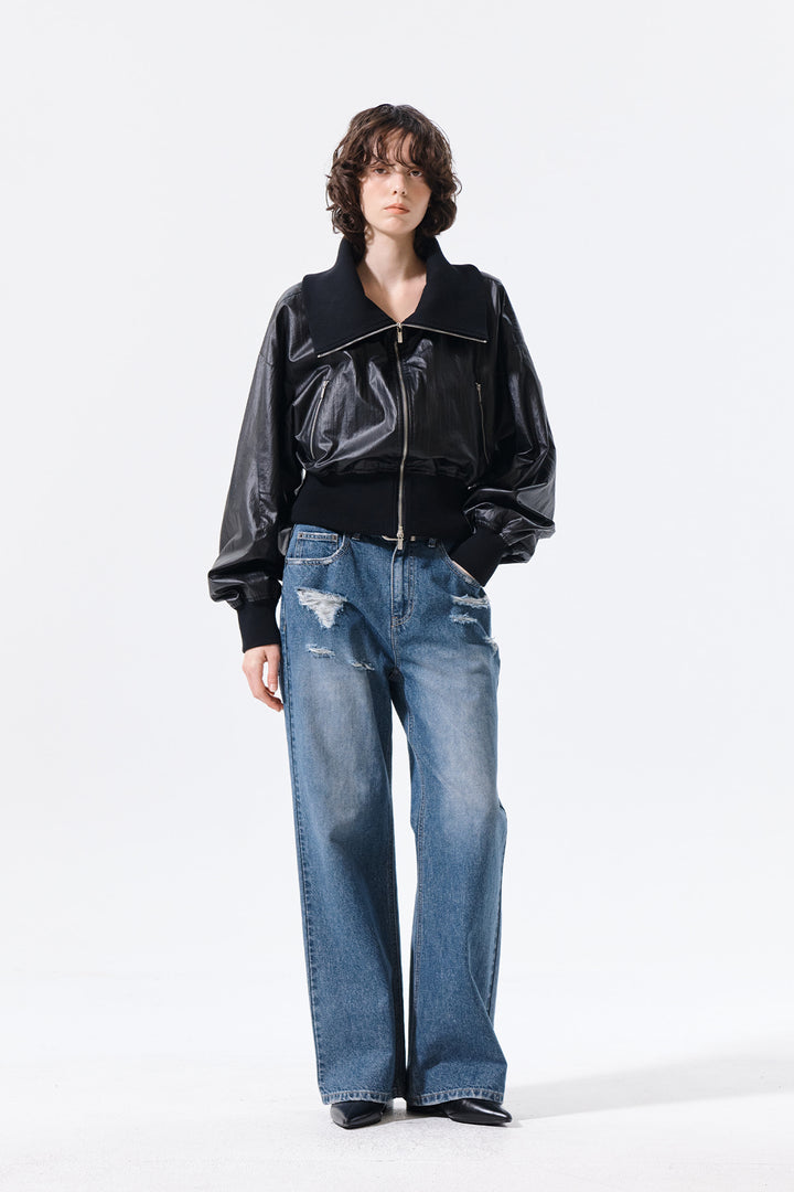 Matin Kim Shine Crinkle Zip Blouson — Black