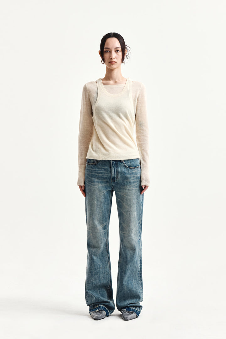 Matin Kim Washed Point Boots Cut Denim — Blue