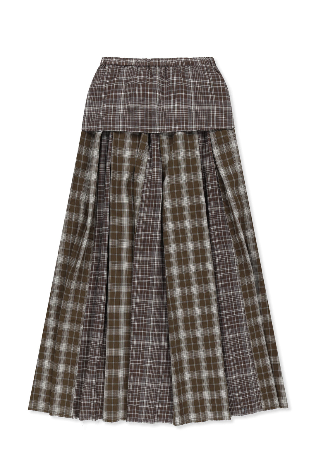 Matin Kim Mixed Check Sleeve Tie Flare Skirt — Brown
