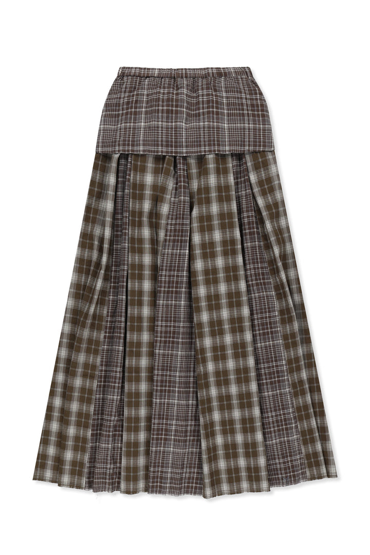 Matin Kim Mixed Check Sleeve Tie Flare Skirt — Brown