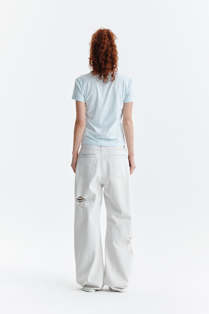 Matin Kim Patchwork Graphic Logo Tee — Light Blue