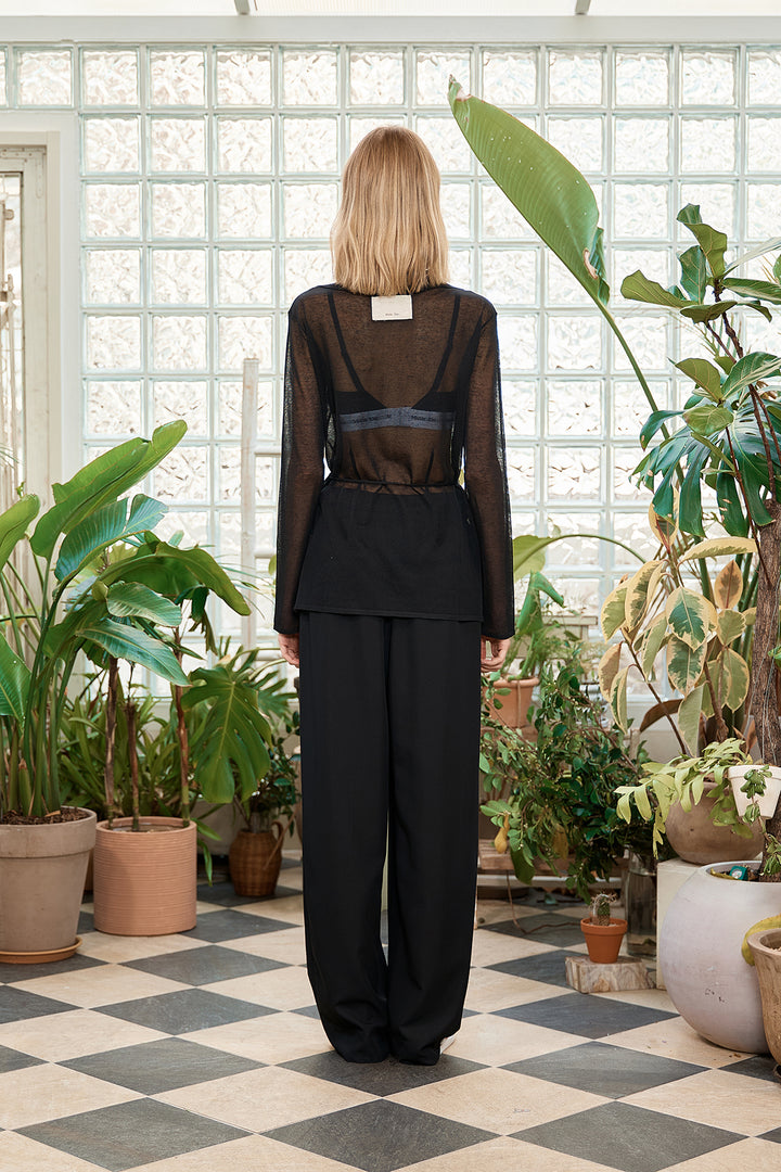 Matin Kim String Point Plain Long Cardigan — Black