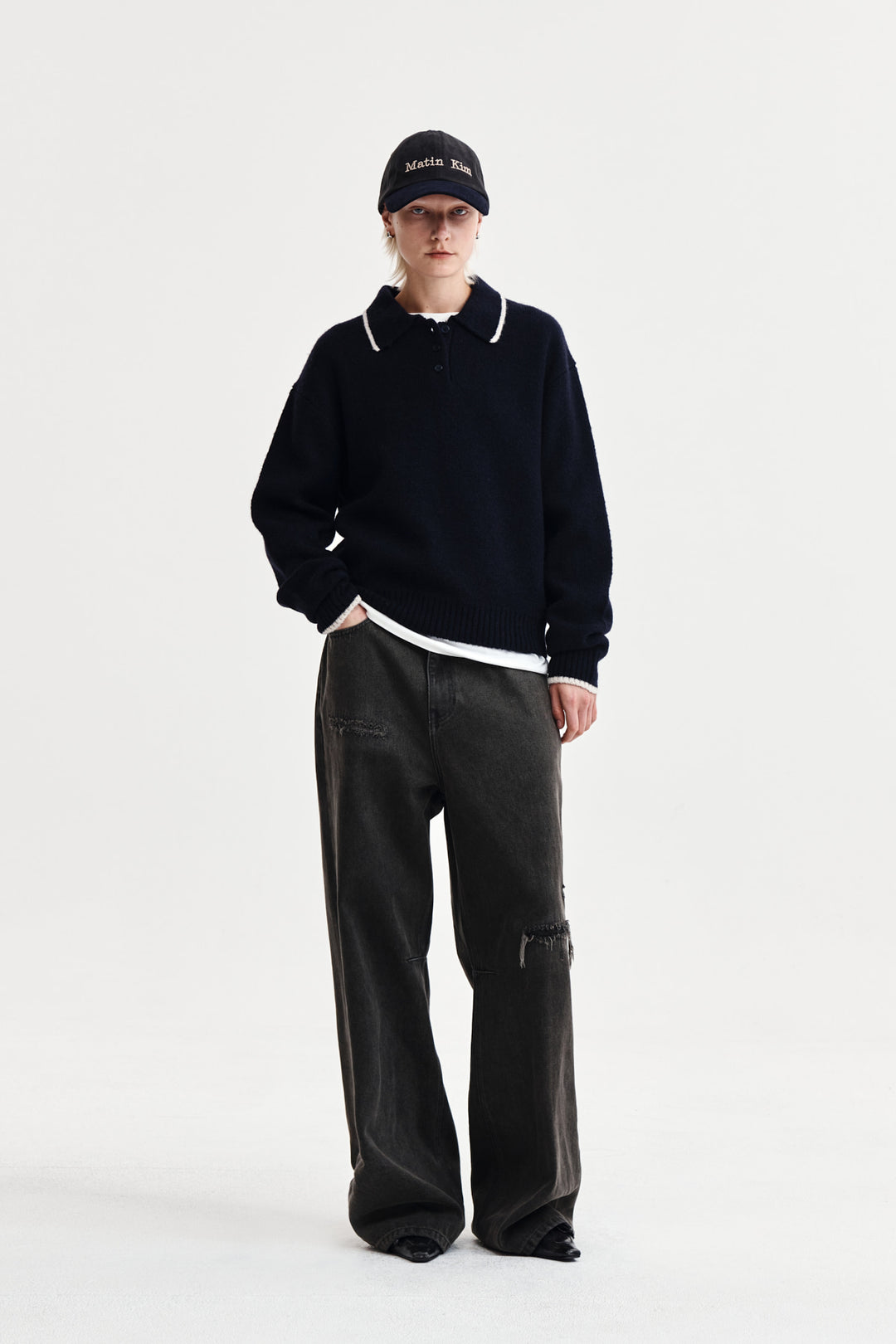 Matin Kim Back Logo Collar Knit Top — Dark Navy