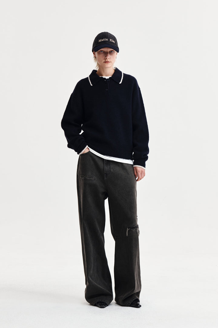 Matin Kim Back Logo Collar Knit Top — Dark Navy
