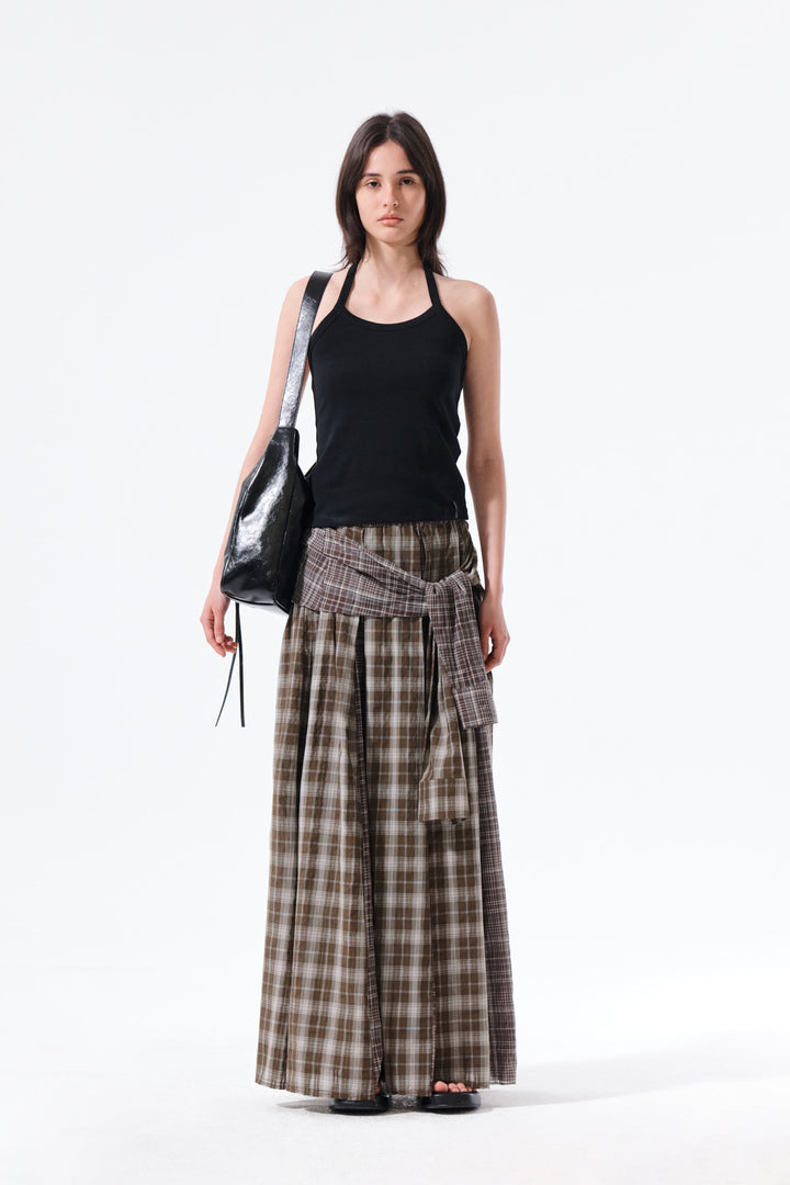 Matin Kim Mixed Check Sleeve Tie Flare Skirt — Brown