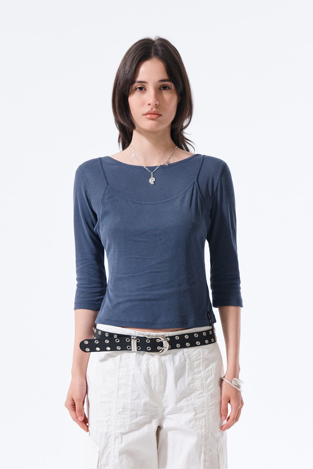 Matin Kim 3/4 Sleeve Layered Tank Top in Smoke — Blue