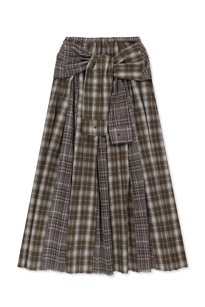 Matin Kim Mixed Check Sleeve Tie Flare Skirt — Brown