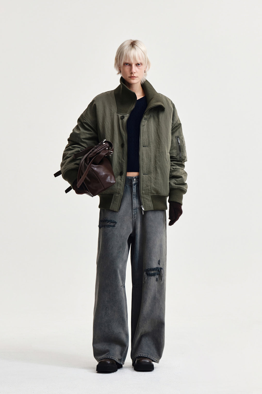 Matin Kim High Neck Button Point Zip Up Jumper — Khaki