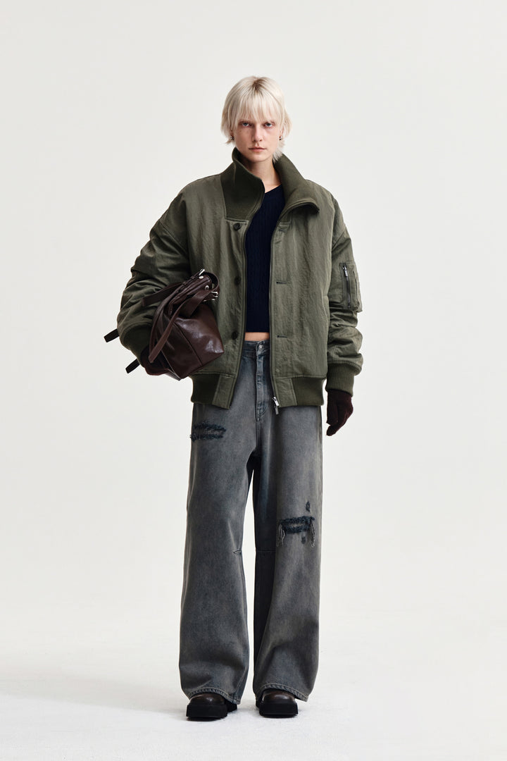 Matin Kim High Neck Button Point Zip Up Jumper — Khaki