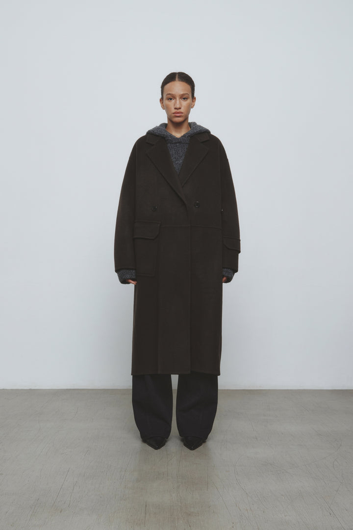 KIMMATIN Belted Double Wool Coat — Brown