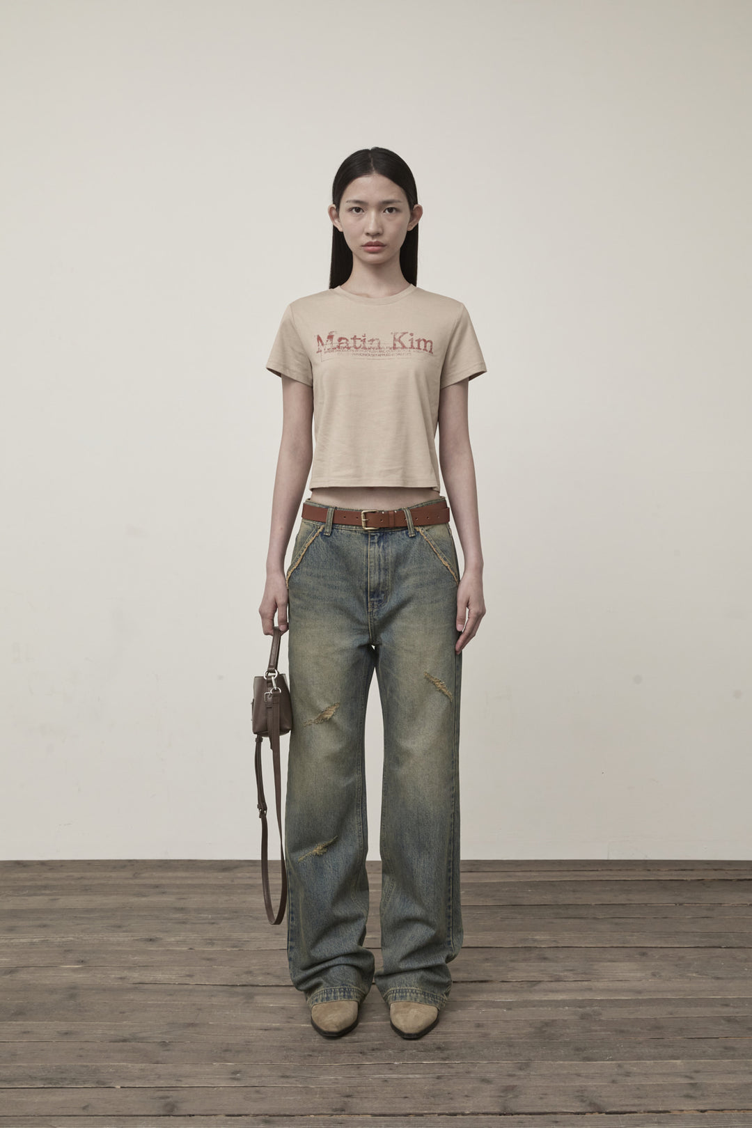 Matin Kim Stamp Logo Graphic Crop Top — Beige