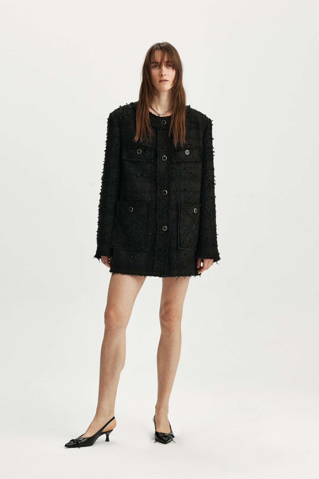 KIMMATIN Cut Point Tweed Mini Skirt — Black