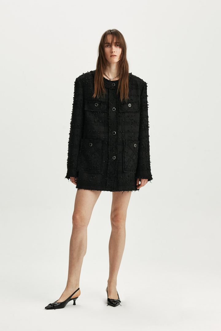 KIMMATIN Cut Point Tweed Mini Skirt — Black