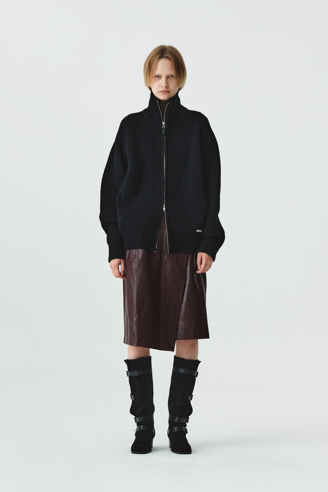 KIMMATIN Faux Leather Midi Wrap Skirt — Burgundy