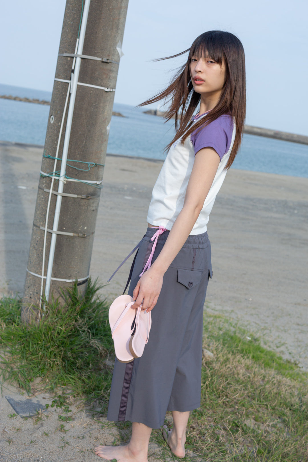 Matin Kim Flower Stitch Raglan Logo Top — Purple