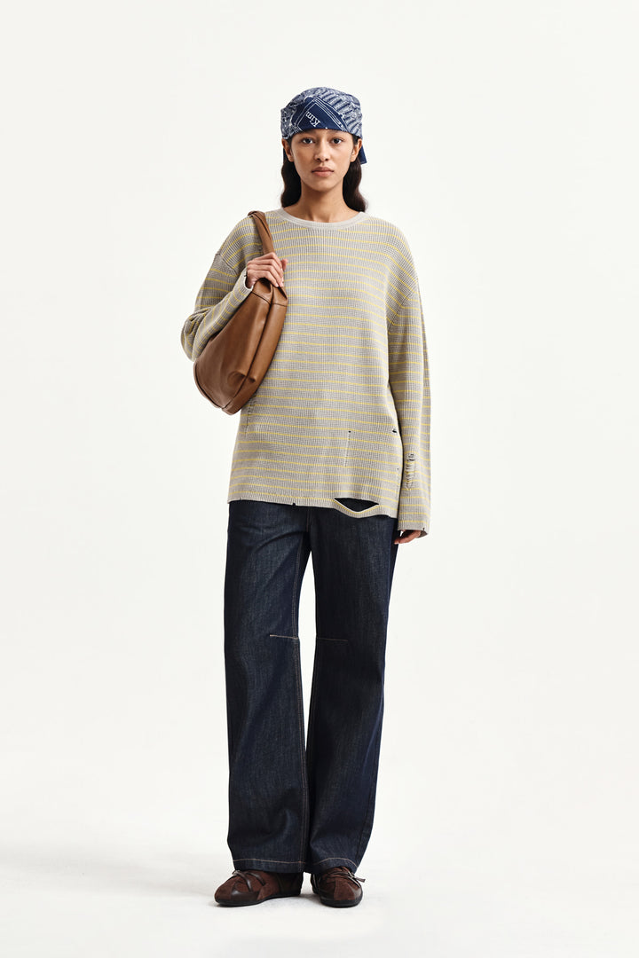 Matin Kim Stripe Damaged Loose Pullover — Beige