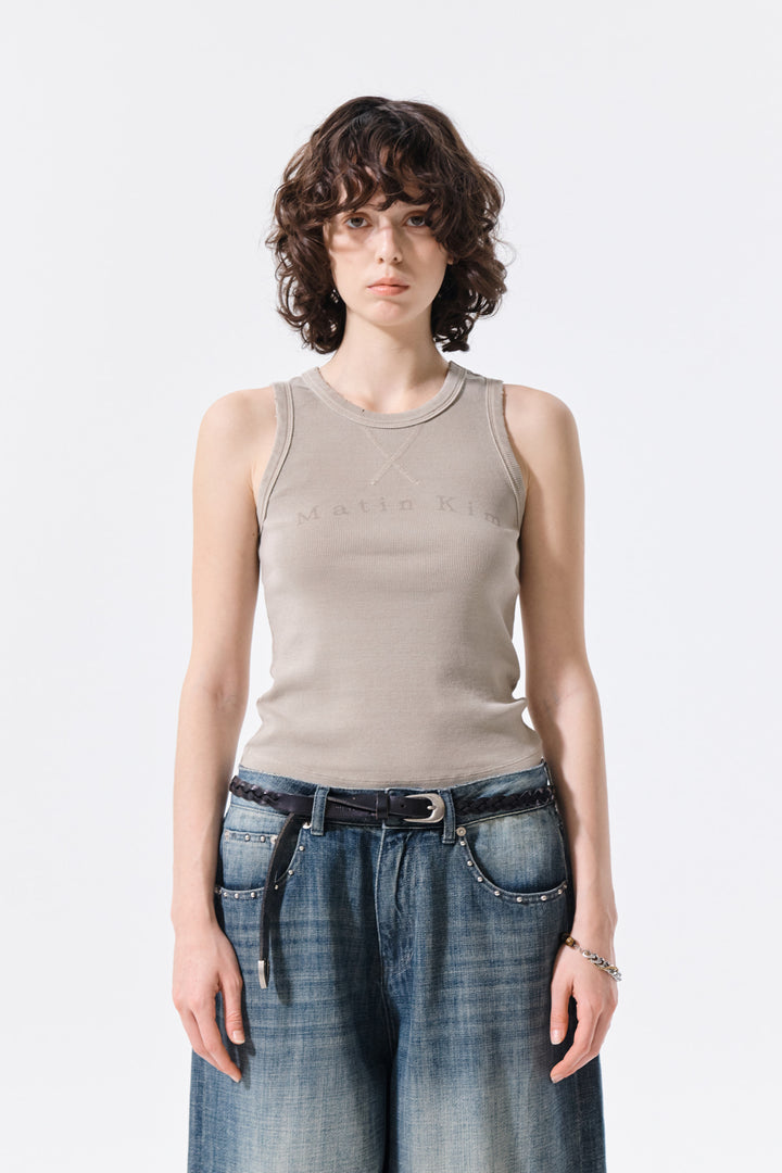 Matin Kim Distressed Sleeveless Logo Top — Beige