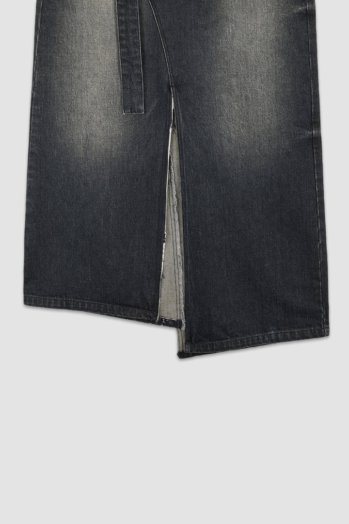 KIMMATIN Foldover Vintage Washed Denim Skirt — Black