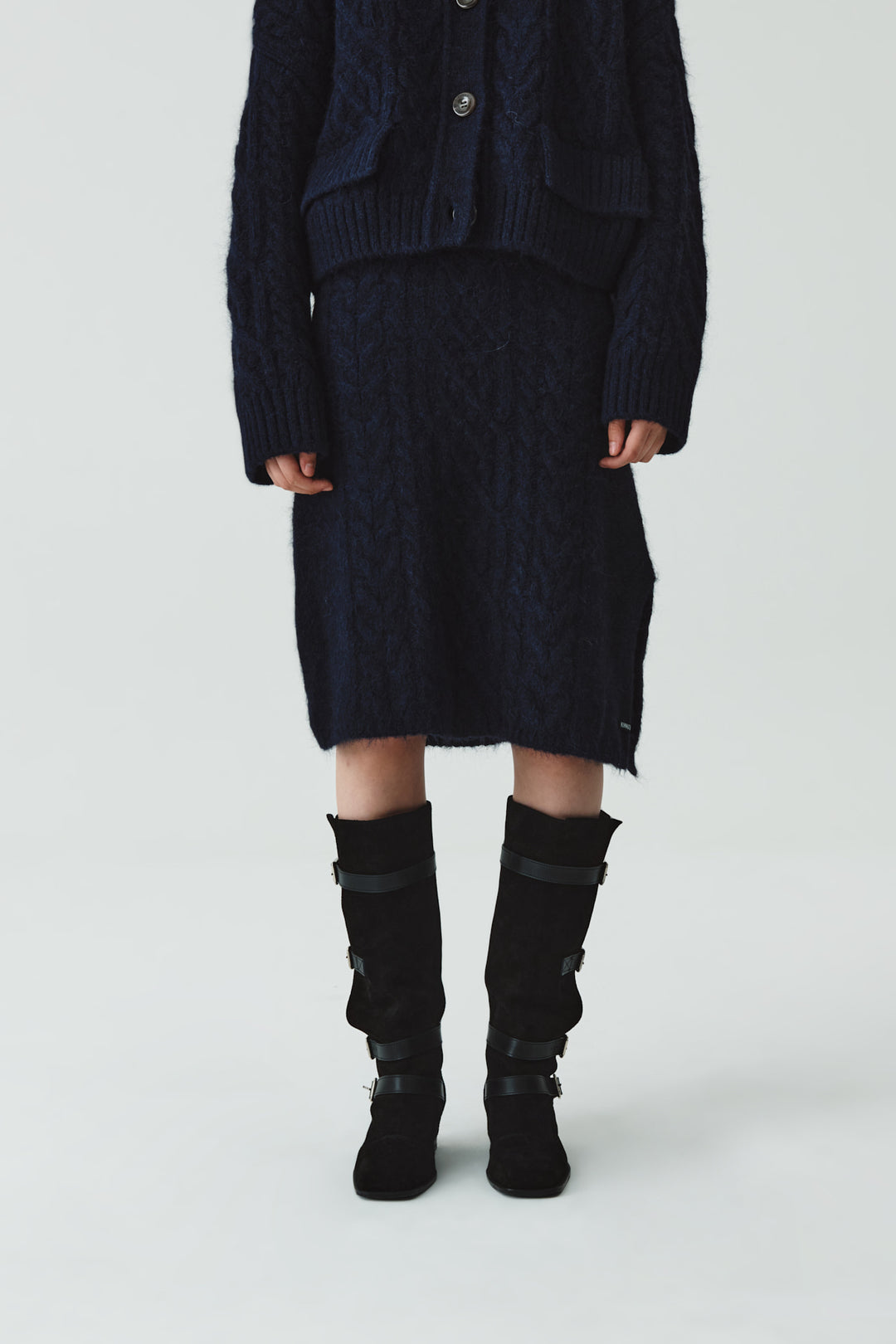 KIMMATIN Wide Cable Midi Knit Skirt — Navy blue